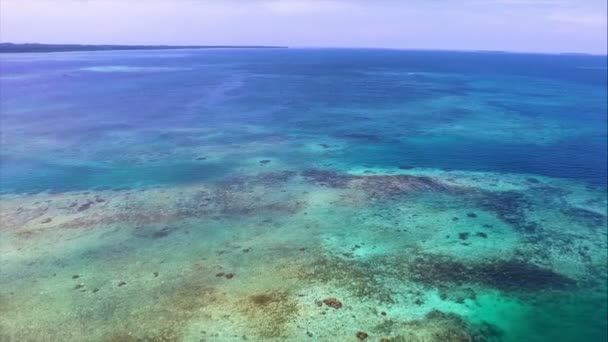自然のままの結晶カリブ海空中ドローンのセーリング ボートします 透明な青緑色の海底下でフェリーの空中ショットは カリブ海パナマでイスラ Bastimentos 国立海洋公園でボカス トロ諸島のケイ サンゴの横にあります — ストック動画