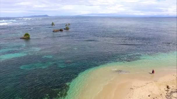 処女のままカリブ海の島ビーチ空中ドローン ビュー ターコイズ ブルーの海 白い砂浜 ヤシの木 サンゴ礁は 素晴らしい熱帯の風景を構成します パナマ ボカスデルトロのケイ — ストック動画