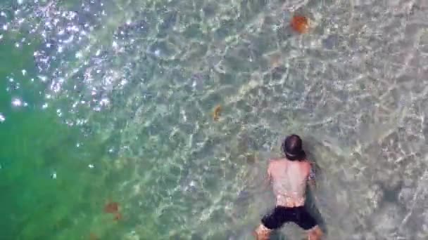 若い男が海底の空中垂直ドローンのヒトデとシュノーケ リングします カリブの海でシュノーケルをしている若い男の空中ドローン ショット エストレージャ パナマでイスラ Bastimentos 国立海洋公園でボカス トロ諸島のビーチ — ストック動画