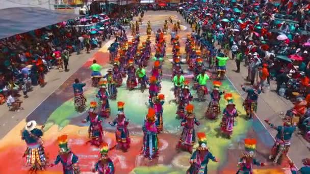 Oruro Wieś Karnawał Parada Widok Lotu Ptaka Kolorowe Boliwijski Folklor — Wideo stockowe