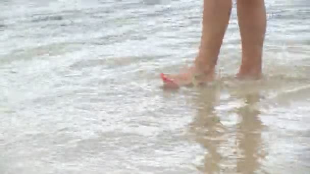 Young Woman Walking Virgin Tropical Beach Feet Closeup Caribbean Golden — Stock Video
