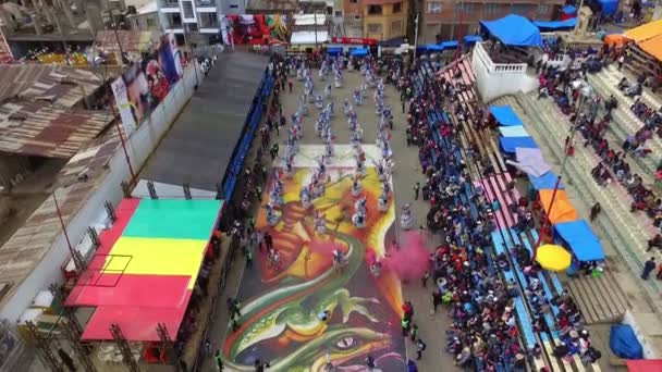 Oruro Köyü Karnaval Geçit Havadan Görünümü Renkli Bolivya Folklor Geçit — Stok video