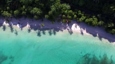 Bakire bozulmamış Karayip tropik beyaz kumlu plaj hava dron görünümü. Mavi saf su, beyaz kumlu plajları ve palmiye ağaçları kadar müthiş bir tropikal peyzaj olun. AWE yüksek havadan görünümü. Muhteşem tatil arka planlar.