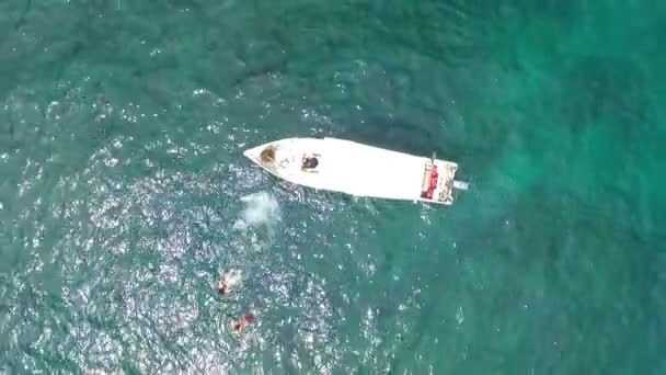 Chica Joven Saltando Aguas Cristalinas Drone Aéreo Shot Woman Buceo — Vídeos de Stock