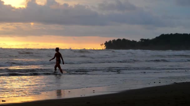 Ung Flicka Promenader Oskuld Tropiska Strand Solnedgång Slowmotion Karibiska Gyllene — Stockvideo