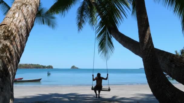 Man Swinging Paradisiacal Beach Palm Trees Idyllic Paraíso Virgem Intocada — Vídeo de Stock