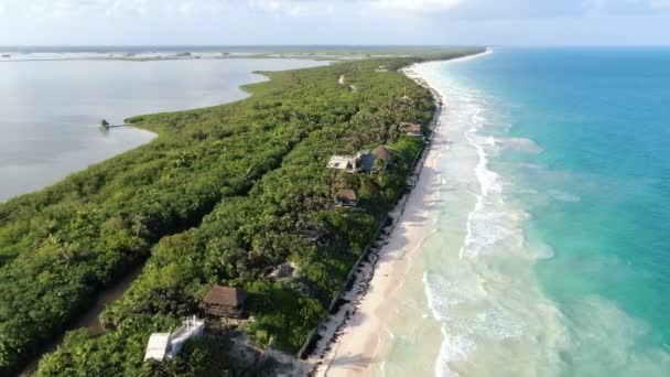 Tulum Strand Rivera Maya Luchtfoto Drone Uitzicht Blauw Helder Water — Stockvideo