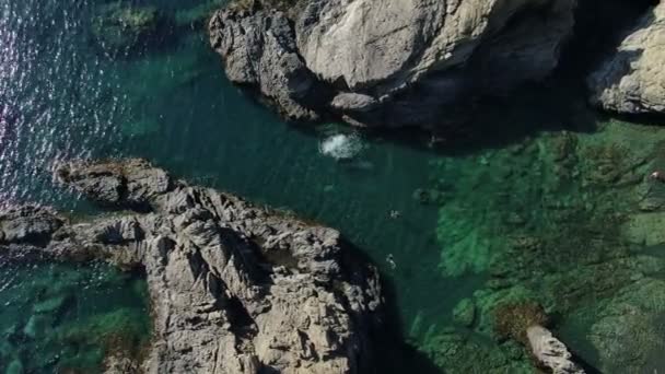 手付かずの地中海のビーチへのダイビング 典型的な地中海のビーチの風景で撮影された空中ビデオDji Mavic Proクアッドコプタードローンで岩を上に移動ジローナのLlanビーチ — ストック動画