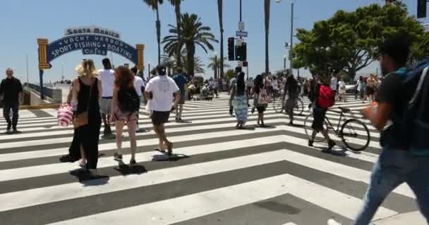 Travesía del centro ocupada por el muelle de Santa Mónica en California, EE.UU. — Vídeo de stock