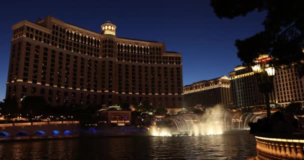 La gente guarda lo spettacolo della fontana al Bellagio Hotel di Las Vegas Nevada — Video Stock