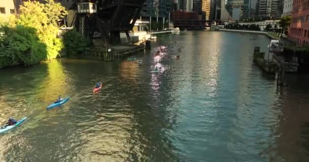 Mimarlık, tekneler, köprü, bina dışı, Chicago nehri, şehir., — Stok video