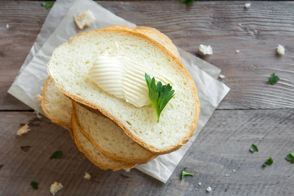 Butter Bread Breakfast Parsley Rustic Wooden Background Top View — Stock Photo, Image