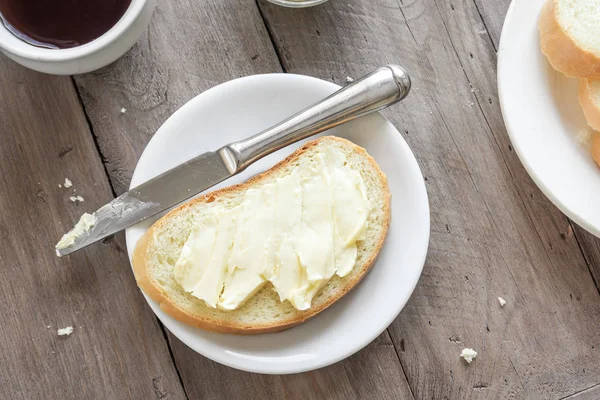 Beurre Pain Pour Petit Déjeuner Avec Une Tasse Thé Sur — Photo