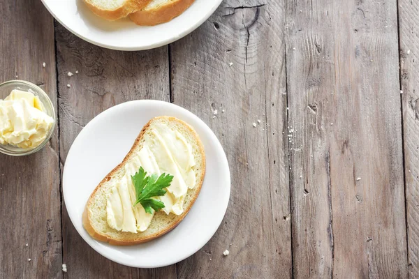 Butter Bread Breakfast Rustic Wooden Background Copy Space Morning Breakfast — Stock Photo, Image