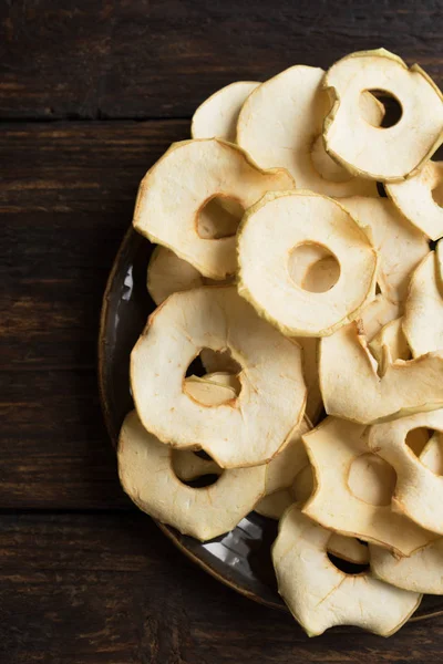 Apple Fruit Chips Dark Wooden Background Copy Space Healthy Vegan — Stock Photo, Image
