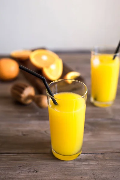 Friss Szerves Narancslé Szemüveg Asztalon Másol Hely Házi Citrus Narancslé — Stock Fotó