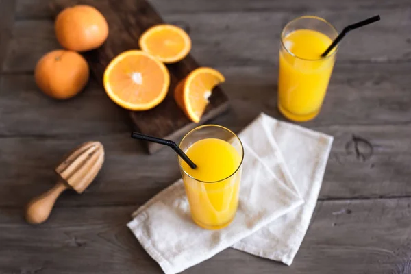Fresh Organic Orange Juice Homemade Citrus Orange Juice Glasses Wooden — Stock Photo, Image