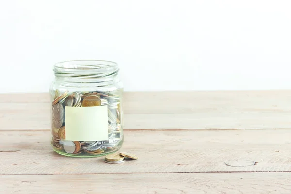 Coins Glass Jar Empty Label Money Savings Concept Jar Assorted — Stock Photo, Image