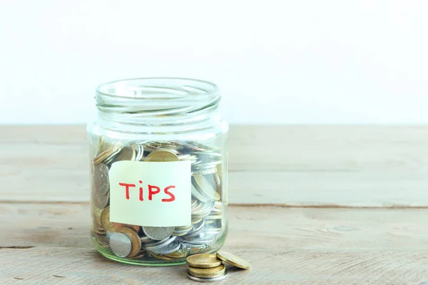 Coins Glass Jar Tips Label Money Savings Tips Donation Concept — Stock Photo, Image