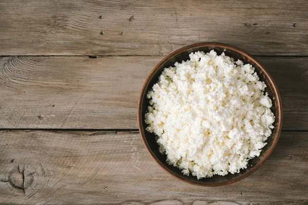 Cottage Kaas Wrongel Rustieke Houten Tafel Bovenaanzicht Kopie Ruimte Biologische — Stockfoto