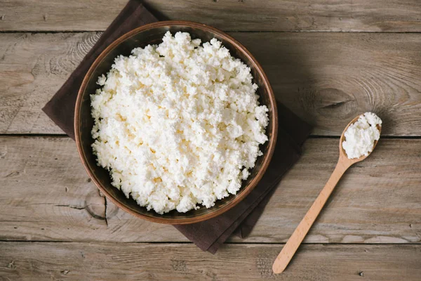 Cottage Kaas Wrongel Rustieke Houten Tafel Bovenaanzicht Kopie Ruimte Biologische — Stockfoto