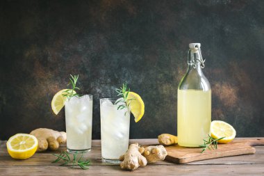 Ale veya Kombucha şişe - ev yapımı limon zencefil ve organik probiyotik içki, kopya alanı zencefil.