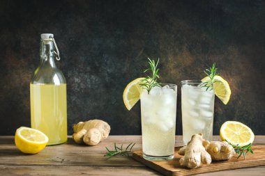 Ale veya Kombucha şişe - ev yapımı limon zencefil ve organik probiyotik içki, kopya alanı zencefil.