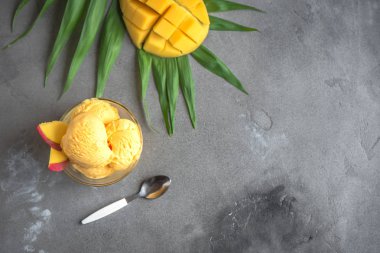Mango Dondurma veya sorbe kasede. Ev yapımı meyve mango dondurma gri arka plan, kopya alanı üzerinde.