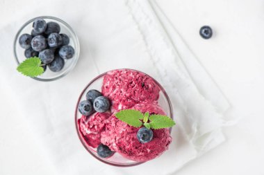 Sağlıklı ev yapımı yaban mersini Organik Yaban mersini ve nane - ile sağlıklı vejetaryen diyet vegan ham meyve organik lezzetli tatlı, süt ücretsiz, ücretsiz gluten tepesinde dondurma (dondurma, nicecream)