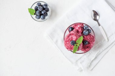 Sağlıklı ev yapımı yaban mersini Organik Yaban mersini ve nane - ile sağlıklı vejetaryen diyet vegan ham meyve organik lezzetli tatlı, süt ücretsiz, ücretsiz gluten tepesinde dondurma (dondurma, nicecream)