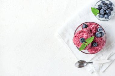 Sağlıklı ev yapımı çiğ vegan muz ve meyve organik yaban mersini ve nane - ile sağlıklı vejetaryen diyet vegan ham meyve organik lezzetli tatlı, süt ücretsiz, ücretsiz gluten tepesinde dondurma (dondurma, nicecream)