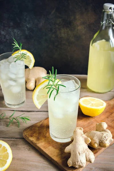 Ginger Ale Lub Kombucha Butelce Domowe Cytryny Ginger Organic Probiotyczne — Zdjęcie stockowe