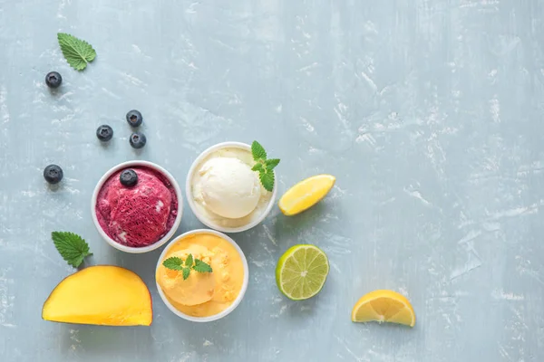 Three Various Fruit Berries Ice Creams Blue Background Copy Space — Stock Photo, Image