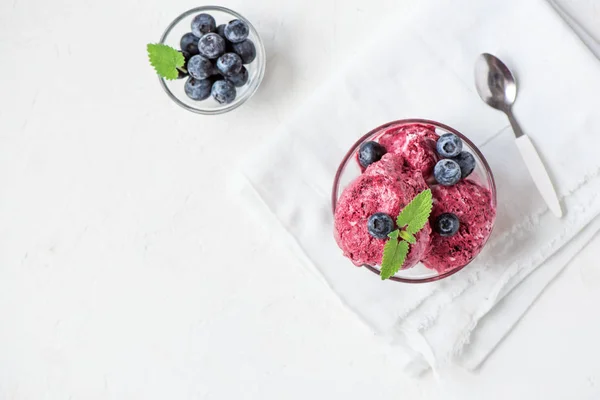 健康自制的蓝莓冰淇淋 冰淇淋 Nicecream 顶部有机蓝莓和薄荷健康素食食谱素食生果有机美味甜点 奶制品免费 面筋免费 — 图库照片