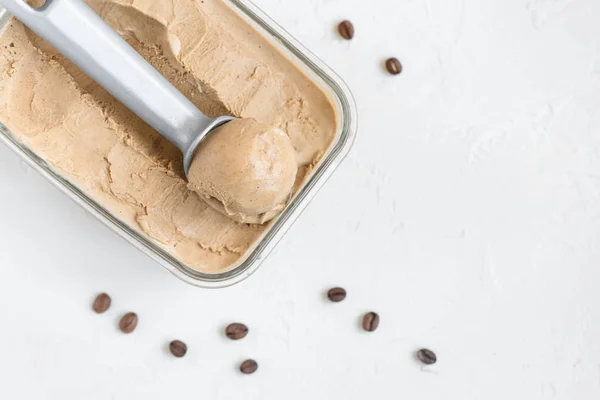 Scoop Coffee Ice Cream White Background Top View Copy Space — Stock Photo, Image