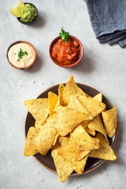 Cips cips ve çeşitli DIP soslar. Tortilla Mısır cips cips salsa, eritilmiş peynir ve Guakamole, Meksika aperatifler.