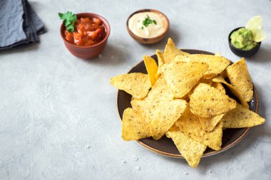 Cips cips ve çeşitli DIP soslar. Tortilla Mısır cips cips salsa, eritilmiş peynir ve Guakamole, Meksika aperatifler.