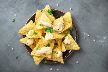 Cips cips ve peynir sos daldırma. Tortilla Mısır cips cips eritilmiş peynir, Meksika aperatifler.