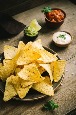 Cips cips ve çeşitli DIP soslar. Tortilla Mısır cips cips salsa, eritilmiş peynir ve Guakamole, Meksika aperatifler.