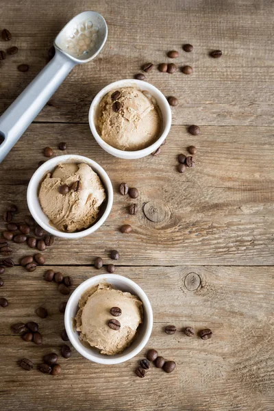 Coffee Ice Cream Wooden Background Top View Frozen Coffee Gelato — Stock Photo, Image
