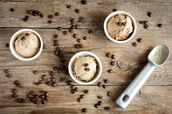Coffee Ice Cream Wooden Background Homemade Coffee Gelato Ice Cream — Stock Photo, Image