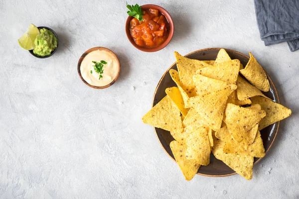 Cips cips ve çeşitli DIP soslar. Tortilla Mısır cips cips salsa, eritilmiş peynir ve Guakamole, Meksika aperatifler.