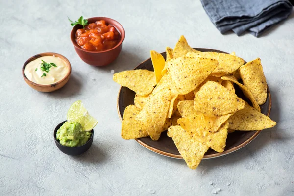 Cips cips ve çeşitli DIP soslar. Tortilla Mısır cips cips salsa, eritilmiş peynir ve Guakamole, Meksika aperatifler.