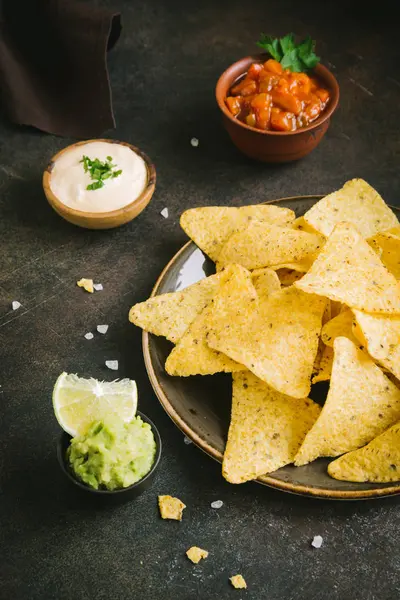 Cips cips ve çeşitli soslar daldırma. Tortilla Mısır cips cips salsa, eritilmiş peynir ve Guakamole, Meksika aperatifler.