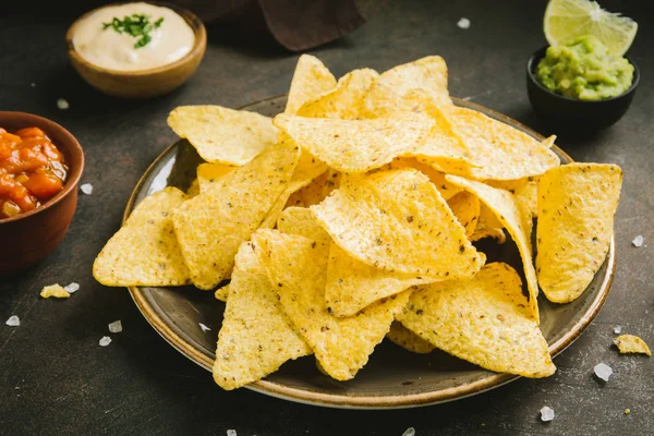 Cips cips ve çeşitli dip sos, yakın çekim. Tortilla Mısır cips cips salsa, eritilmiş peynir ve Guakamole, Meksika aperatifler.