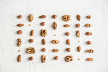 Desen olarak beyaz arka plan üzerinde çeşitli fındık (ceviz, fındık, badem ve dolmalık fıstık) tekrarlama, düz kopya alanı ile yatıyordu..