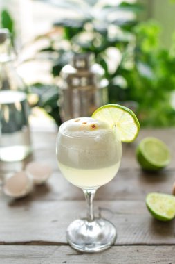 Pisco ekşi kokteyl. Peru, Meksika, Şili geleneksel içki pisco ekşi likör bar yapmak için ekipman ve kireç ve yumurta ile.