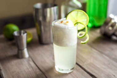 Yumurta Cin Fizz kokteyl limon garnitür ile. Cin Fizz veya Pisco ekşi iç malzemeler ile yapmak, kopyalama alanı.