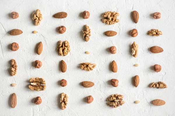 Varios Frutos Secos Nueces Avellanas Almendras Piñones Sobre Fondo Blanco — Foto de Stock