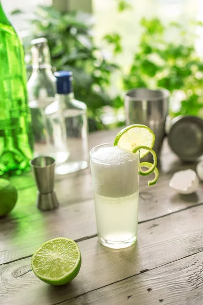 Egg Gin Fizz Cocktail with Lime Garnish. Making Gin Fizz Drink with ingredients.